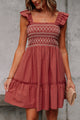 Salina Red Sandalwood Geometric Stitch Shirred Bodice Ruffled Trim Sleeveless Mini Dress