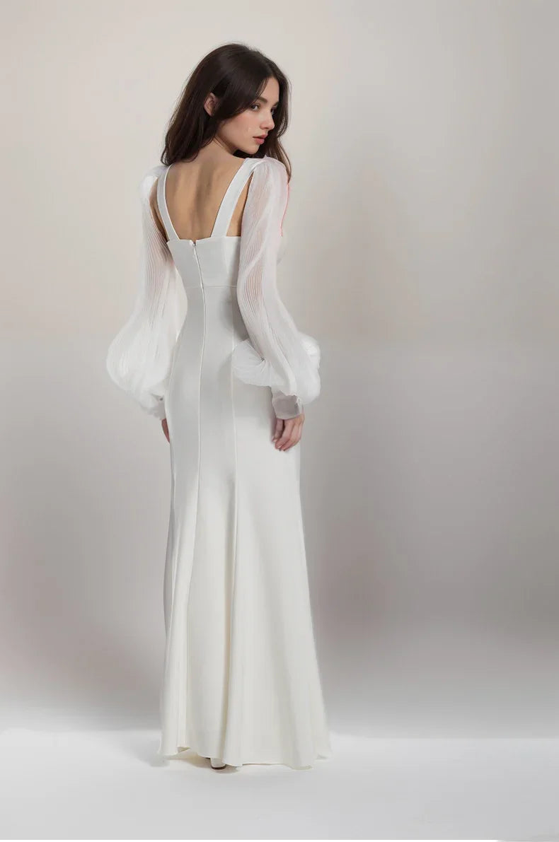 Ethereal Sculpted Bust Mermaid Gown with Sheer Balloon Sleeves Dress