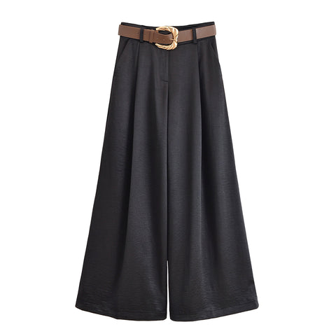 Women Clothing Western Belt Satin Trousers