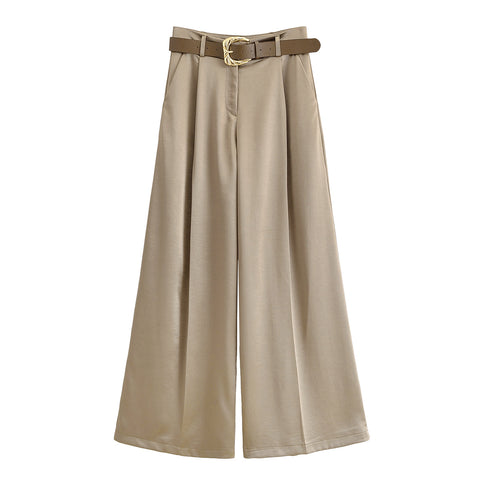Women Clothing Western Belt Satin Trousers