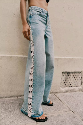 Women Clothing Spring Autumn Crochet Stitching High Waist Wide Leg Jeans