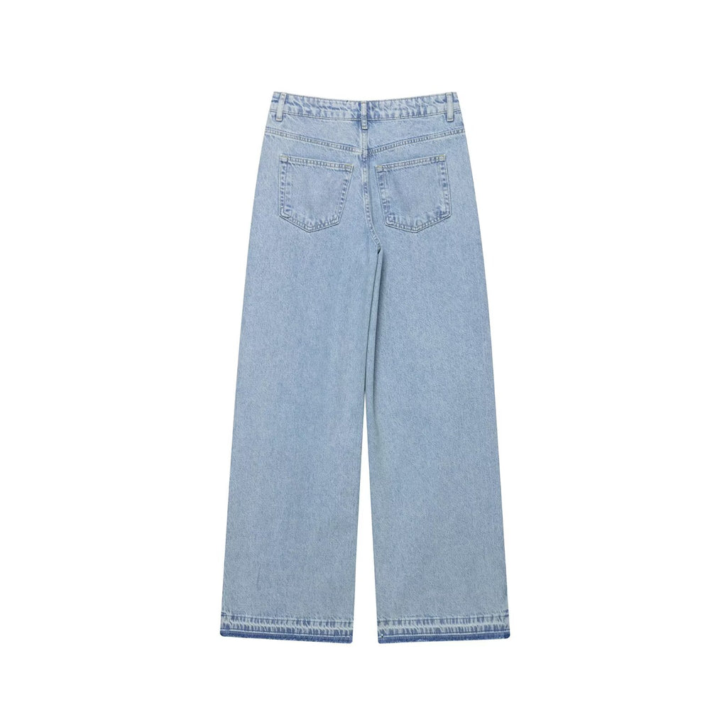 Women Clothing Spring Autumn Crochet Stitching High Waist Wide Leg Jeans