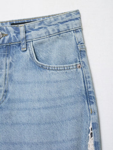 Women Clothing Spring Autumn Crochet Stitching High Waist Wide Leg Jeans