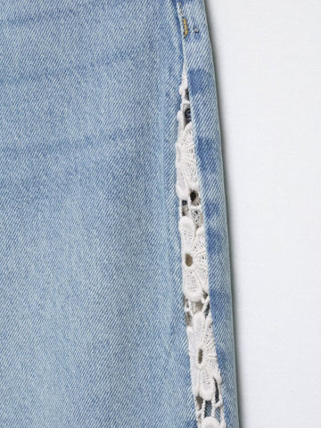 Women Clothing Spring Autumn Crochet Stitching High Waist Wide Leg Jeans