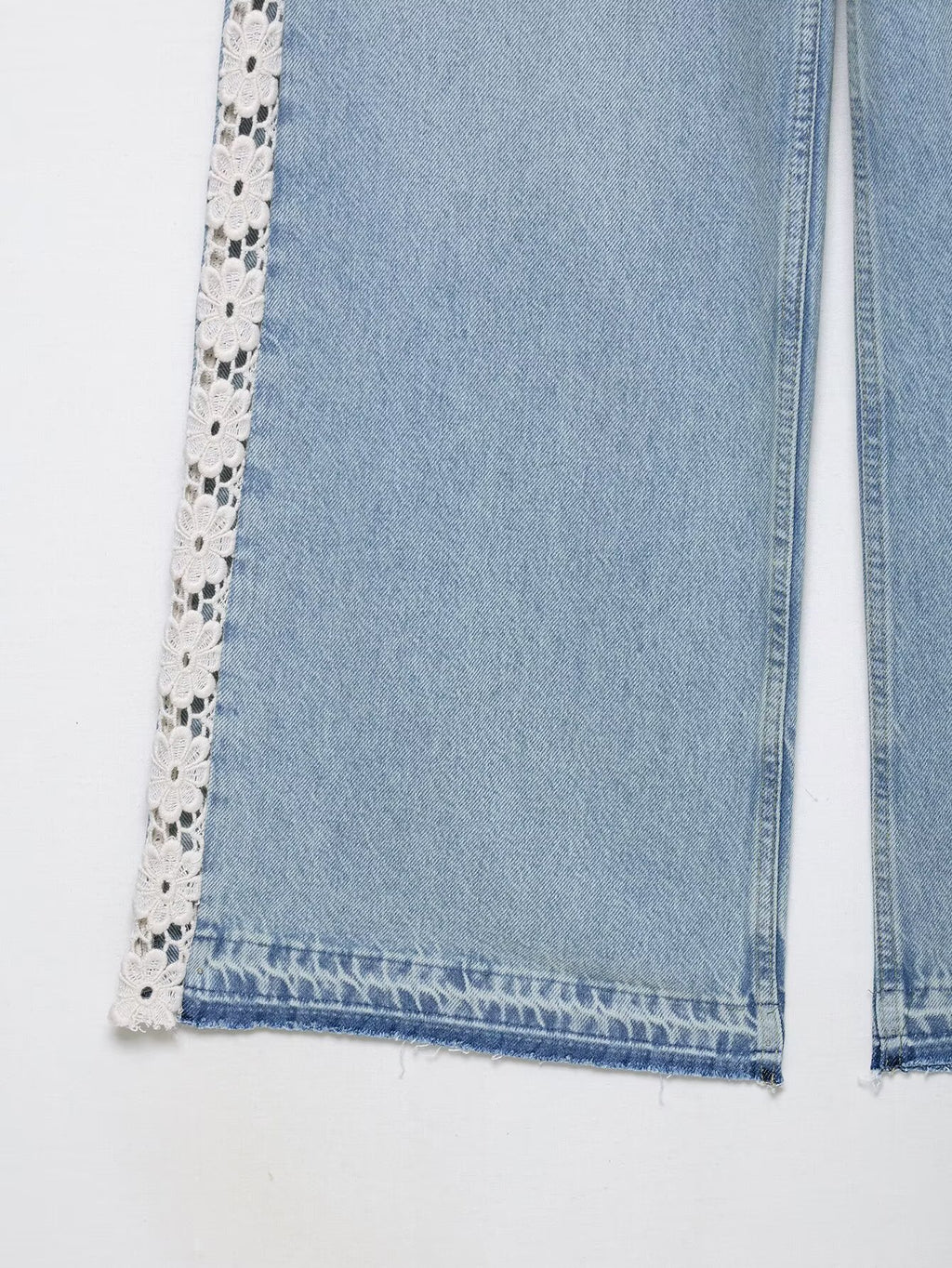 Women Clothing Spring Autumn Crochet Stitching High Waist Wide Leg Jeans
