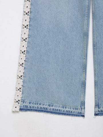 Women Clothing Spring Autumn Crochet Stitching High Waist Wide Leg Jeans