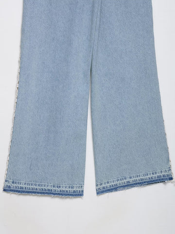 Women Clothing Spring Autumn Crochet Stitching High Waist Wide Leg Jeans