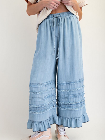 Ladies Autumn Winter Light Draping Ruffled Lyocell Denim Wide Leg Pants