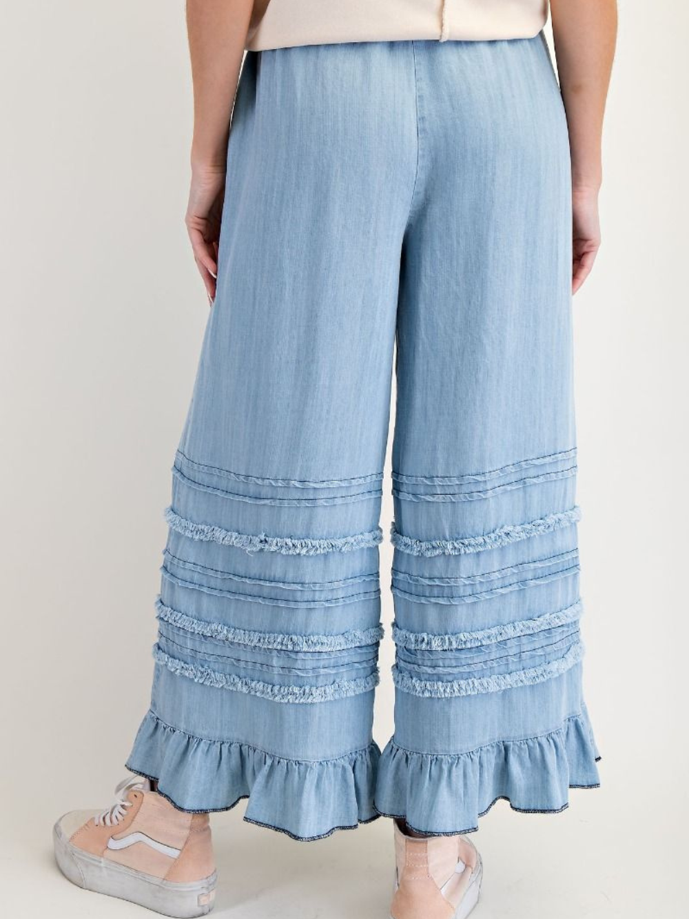 Ladies Autumn Winter Light Draping Ruffled Lyocell Denim Wide Leg Pants