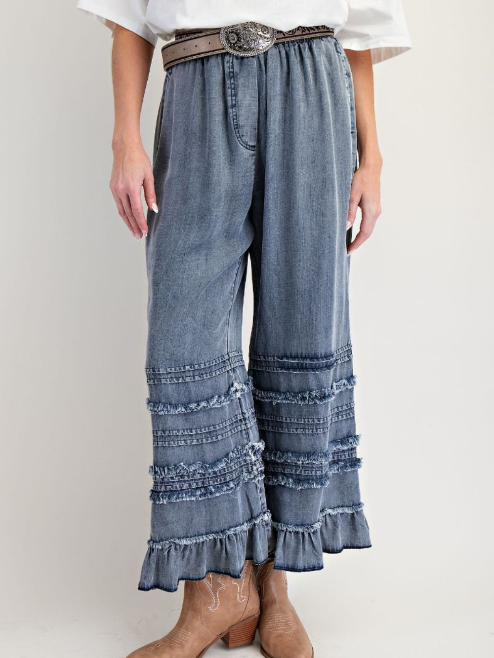Ladies Autumn Winter Light Draping Ruffled Lyocell Denim Wide Leg Pants