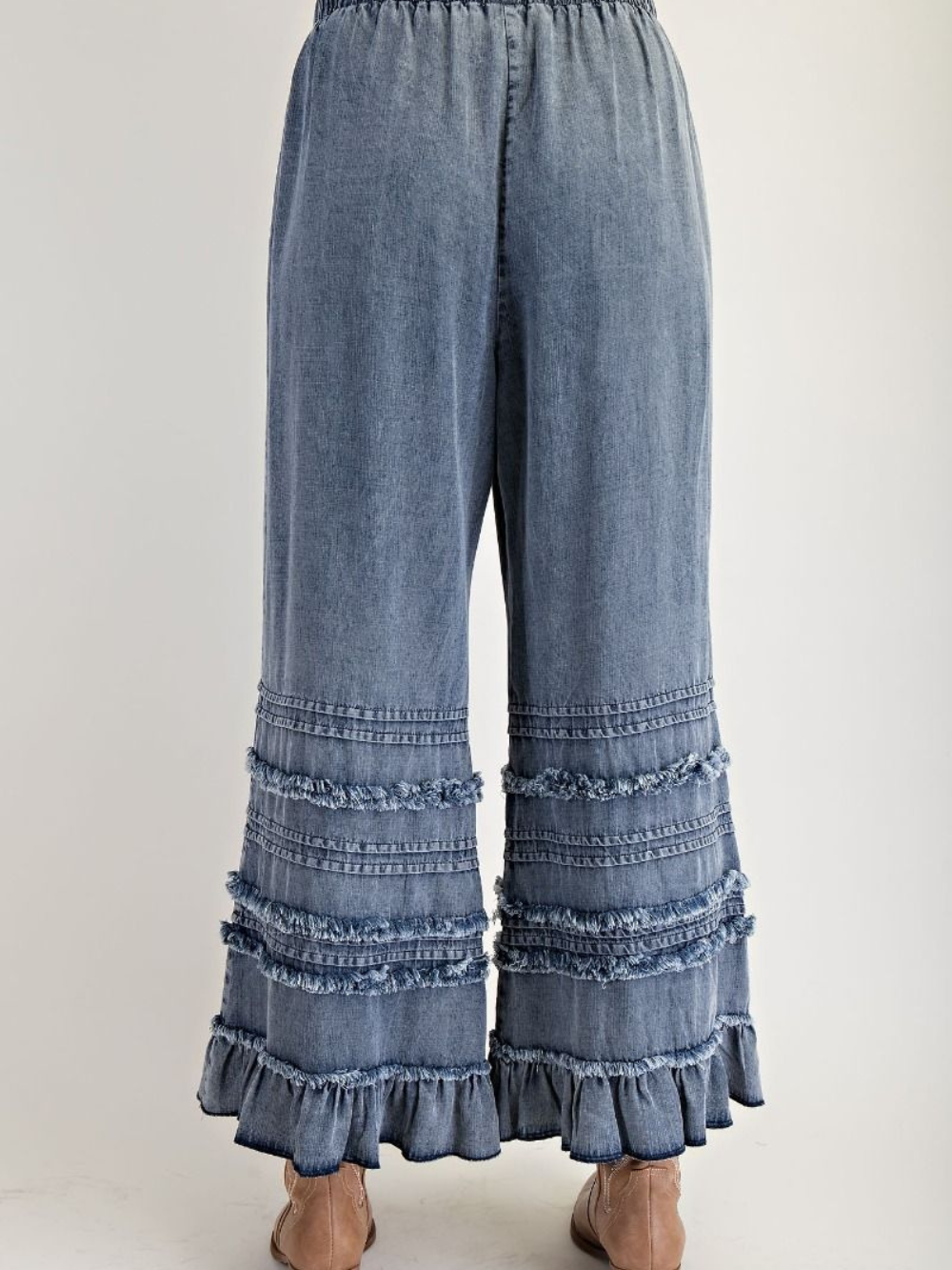 Ladies Autumn Winter Light Draping Ruffled Lyocell Denim Wide Leg Pants