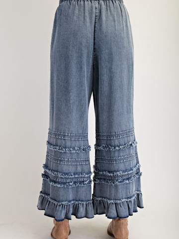 Ladies Autumn Winter Light Draping Ruffled Lyocell Denim Wide Leg Pants