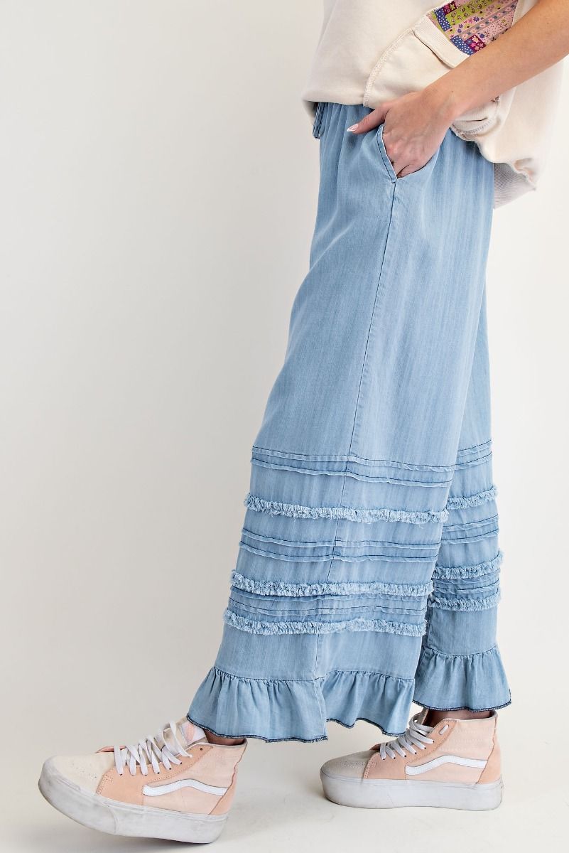 Ladies Autumn Winter Light Draping Ruffled Lyocell Denim Wide Leg Pants