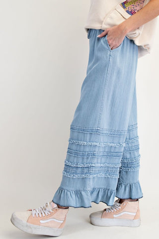 Ladies Autumn Winter Light Draping Ruffled Lyocell Denim Wide Leg Pants
