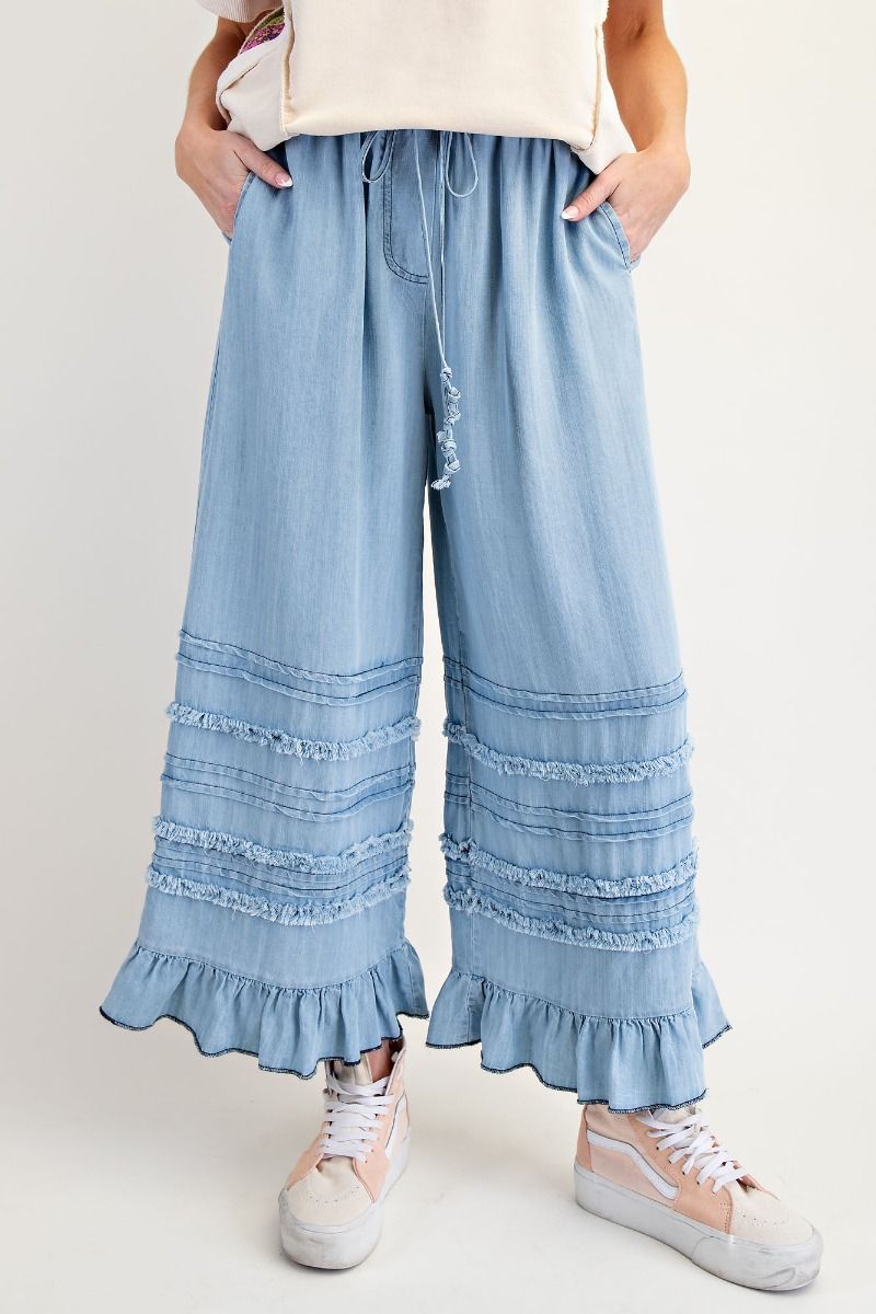 Ladies Autumn Winter Light Draping Ruffled Lyocell Denim Wide Leg Pants