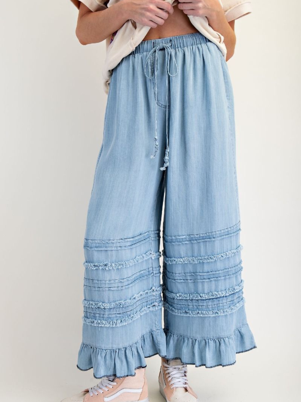 Ladies Autumn Winter Light Draping Ruffled Lyocell Denim Wide Leg Pants