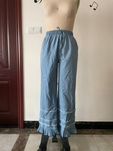 Ladies Autumn Winter Light Draping Ruffled Lyocell Denim Wide Leg Pants