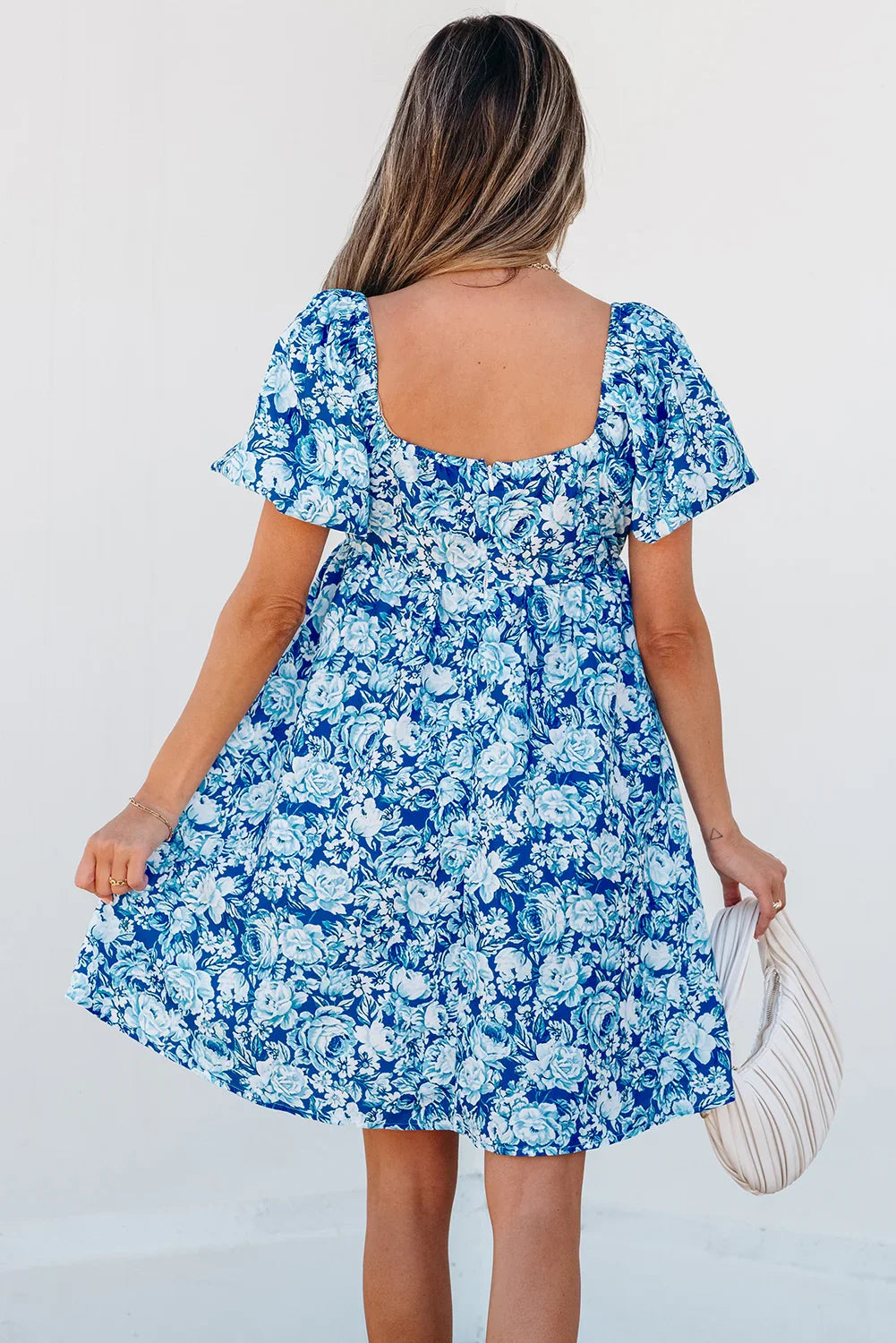 Bowly Blue Floral Puff Sleeve Babydoll Mini Dress