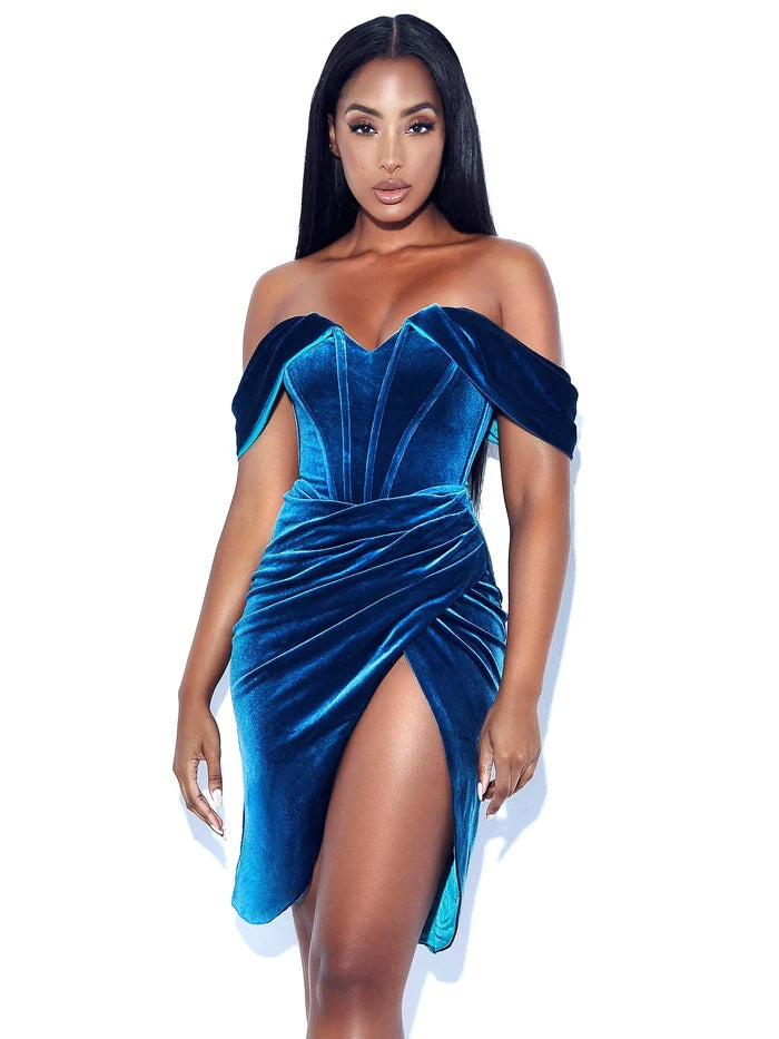 Myrtle Off Shoulder Velvet Boning Split Evening Dress