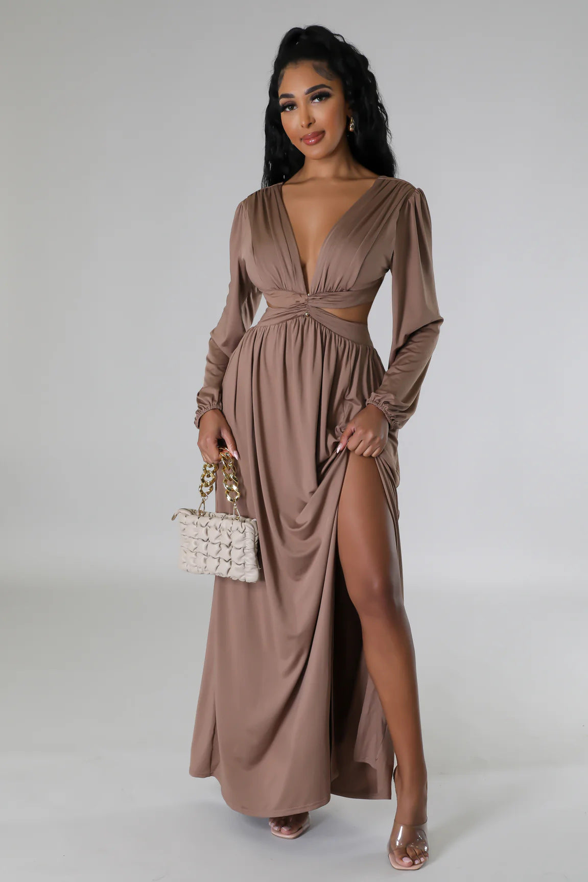 Los Patos Deep V Plunge Neck Solid Color Sexy Waist Hollow Cutout Dress