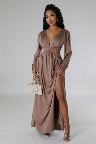 Los Patos Deep V Plunge Neck Solid Color Sexy Waist Hollow Cutout Dress