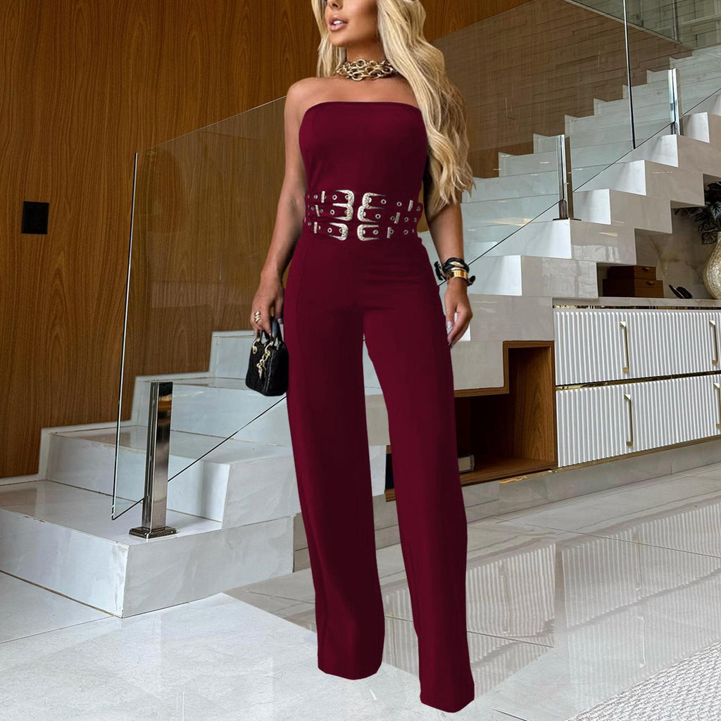 Women Wear Casual Sexy Tube Top Metal Buckle Jumpsuit