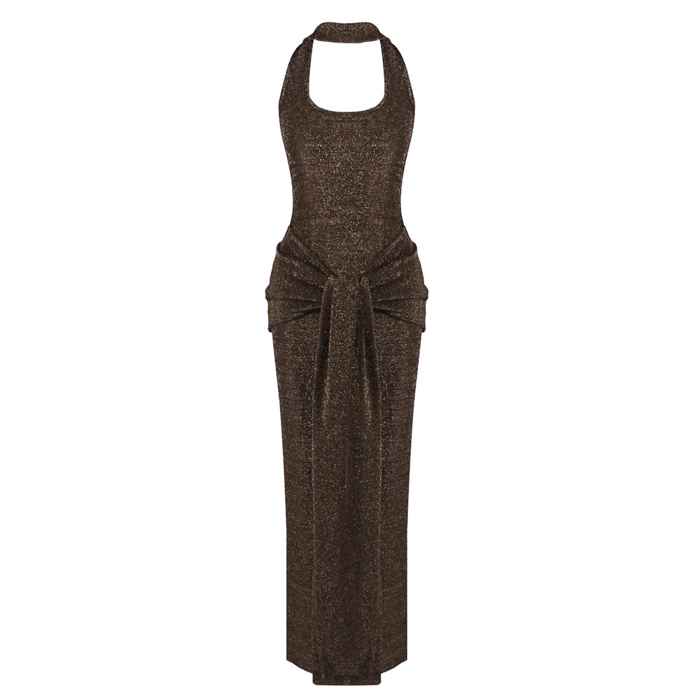 Monte Plata Coffee Color Silver Silk Ribbon Sexy Backless Slim Fit Sheath Dress