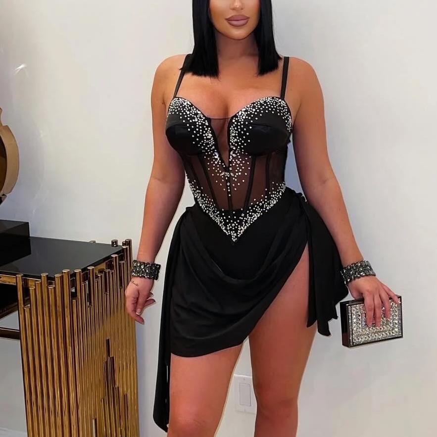 Sabana Perdida Elegant See through Drilling V neck Strap Waist Elastic Dress