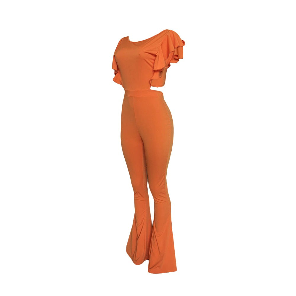 Women Clothing Sexy Women Clothing Flying Sleeves Solid Color Wide Leg Flared Jumpsuit