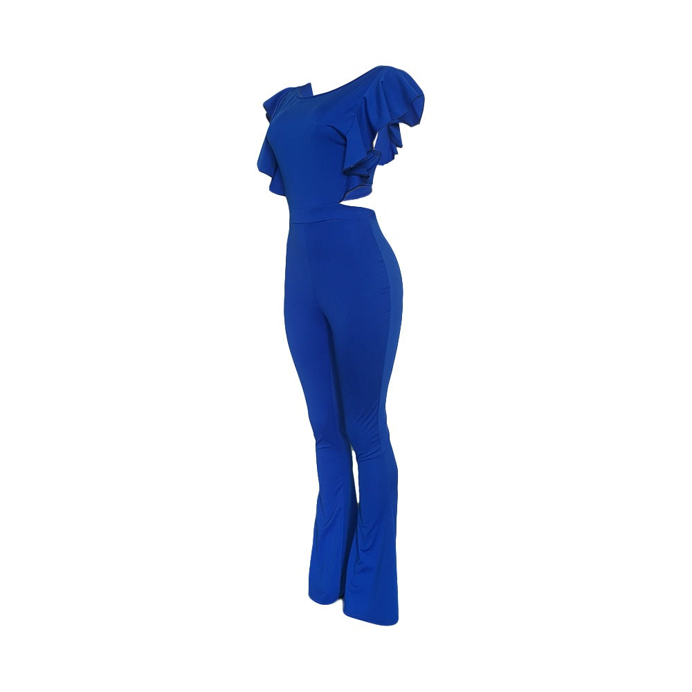 Women Clothing Sexy Women Clothing Flying Sleeves Solid Color Wide Leg Flared Jumpsuit