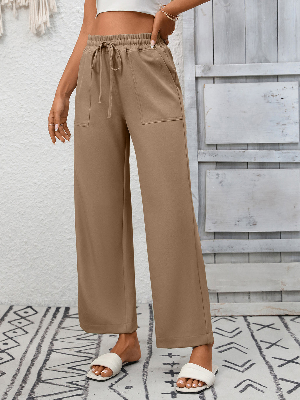 Summer Women Casual Drawstring Elegant Trousers Wide Leg Pants with Pockets