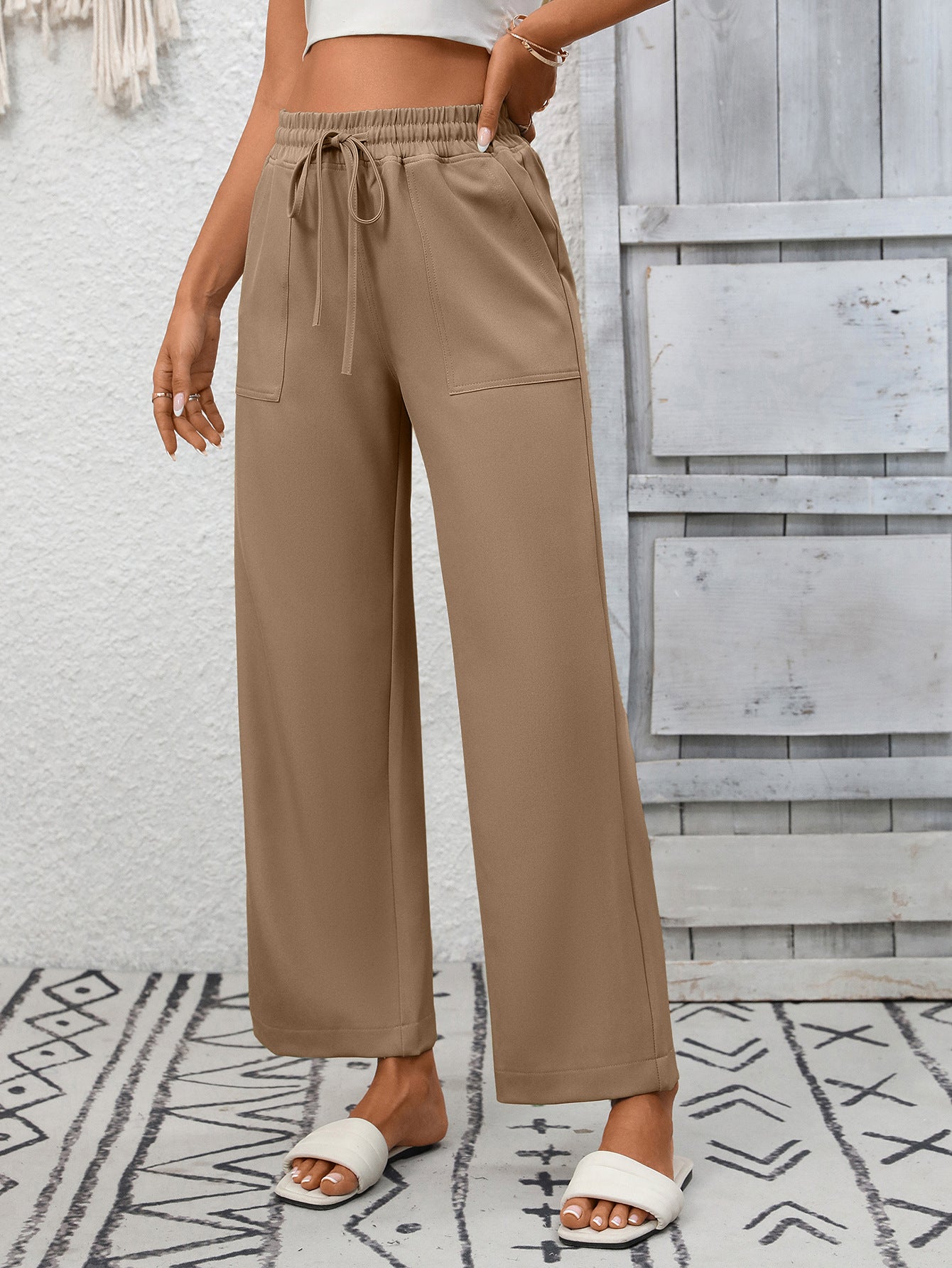 Summer Women Casual Drawstring Elegant Trousers Wide Leg Pants with Pockets