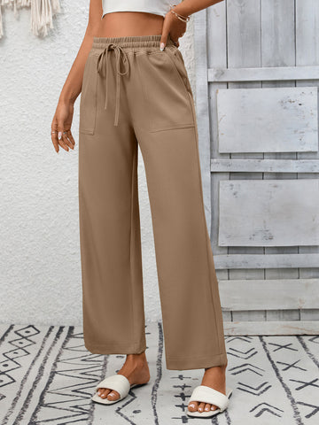 Summer Women Casual Drawstring Elegant Trousers Wide Leg Pants with Pockets