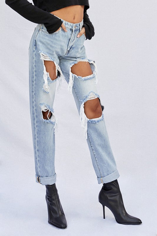 Light Wash Denim Ripped Baggy Jeans