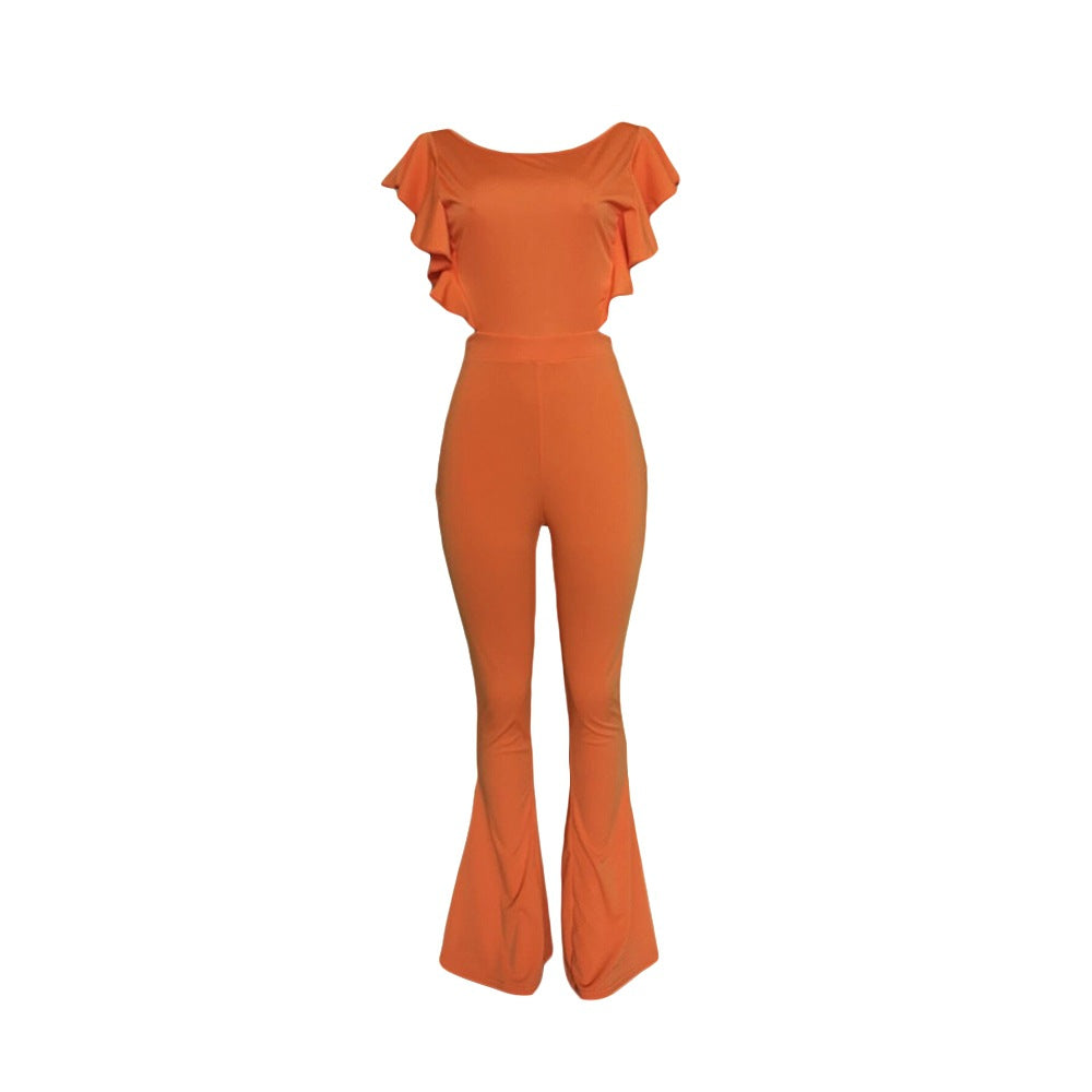 Women Clothing Sexy Women Clothing Flying Sleeves Solid Color Wide Leg Flared Jumpsuit