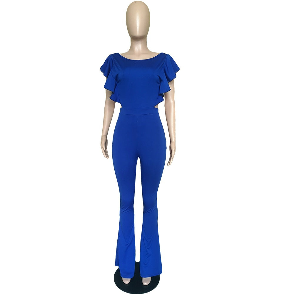 Women Clothing Sexy Women Clothing Flying Sleeves Solid Color Wide Leg Flared Jumpsuit