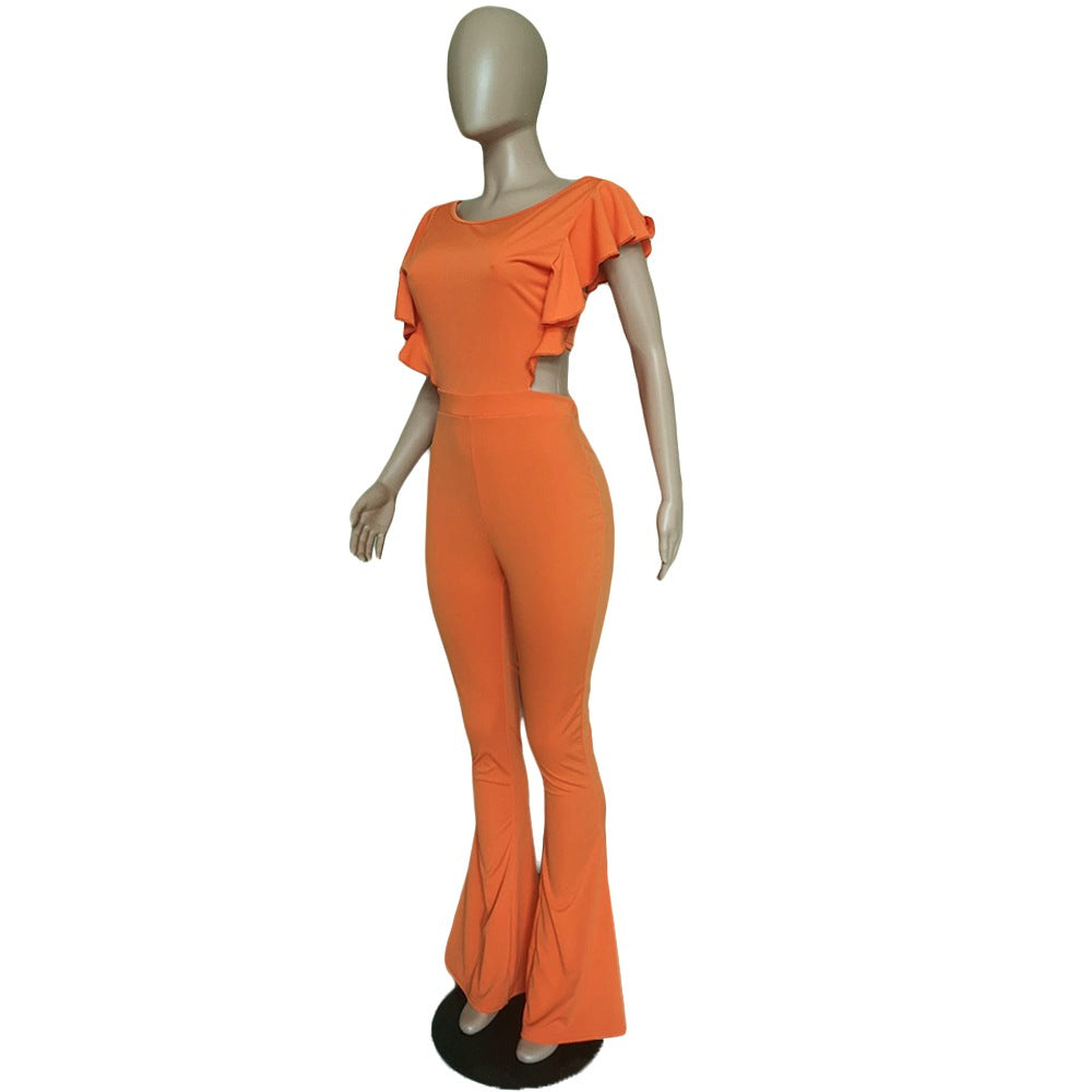 Women Clothing Sexy Women Clothing Flying Sleeves Solid Color Wide Leg Flared Jumpsuit
