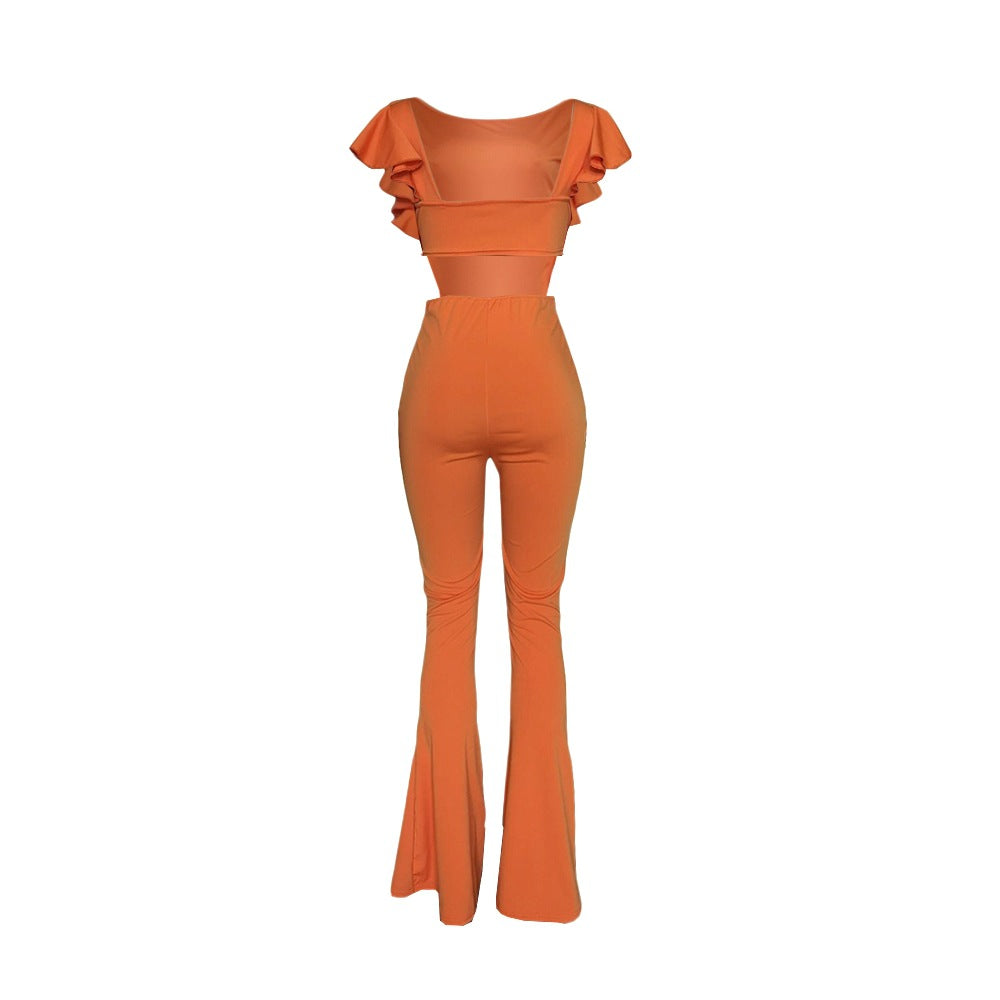 Women Clothing Sexy Women Clothing Flying Sleeves Solid Color Wide Leg Flared Jumpsuit