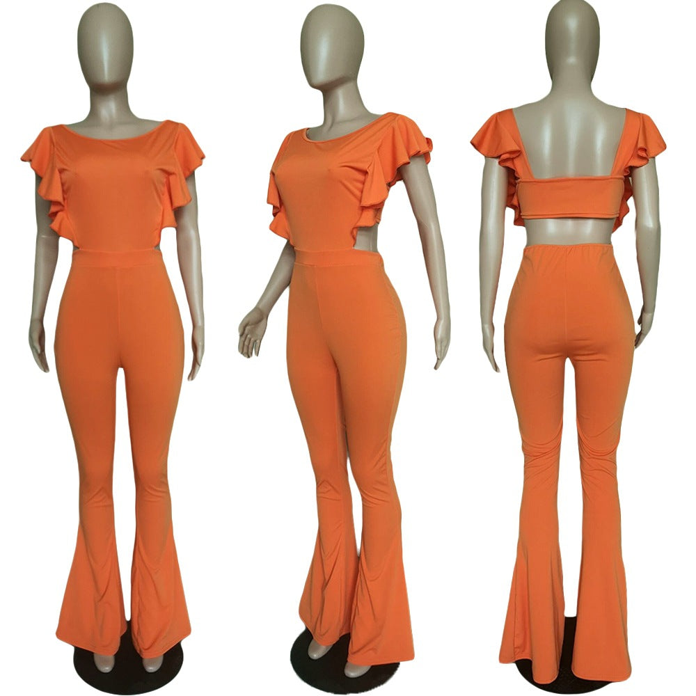 Women Clothing Sexy Women Clothing Flying Sleeves Solid Color Wide Leg Flared Jumpsuit
