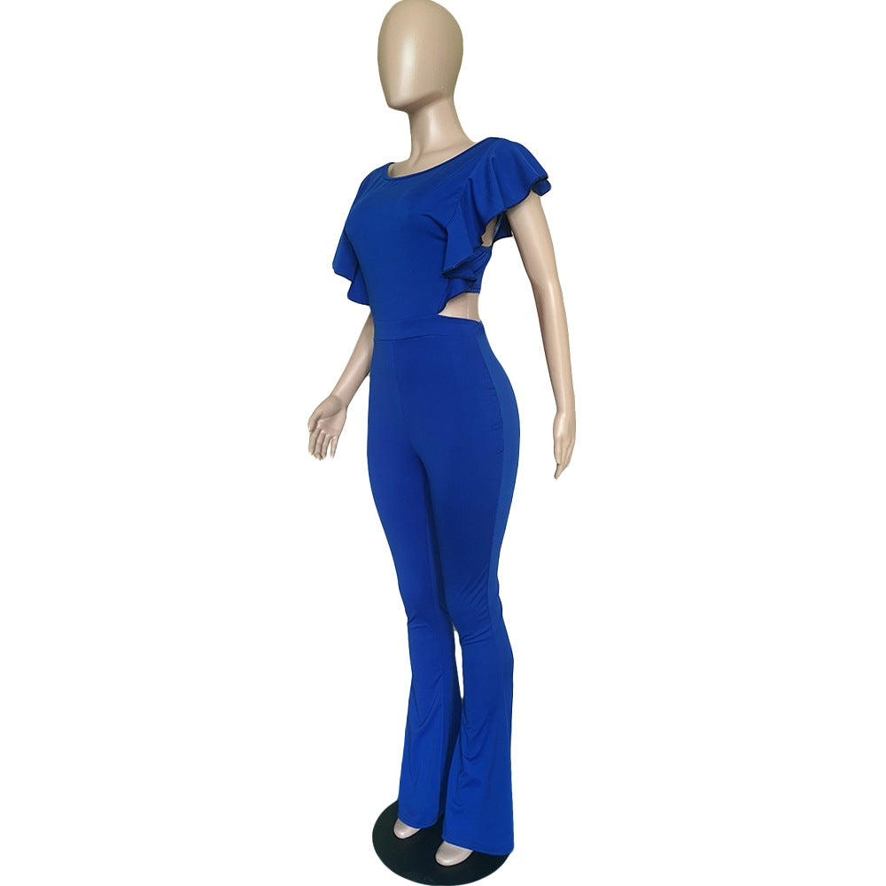 Women Clothing Sexy Women Clothing Flying Sleeves Solid Color Wide Leg Flared Jumpsuit