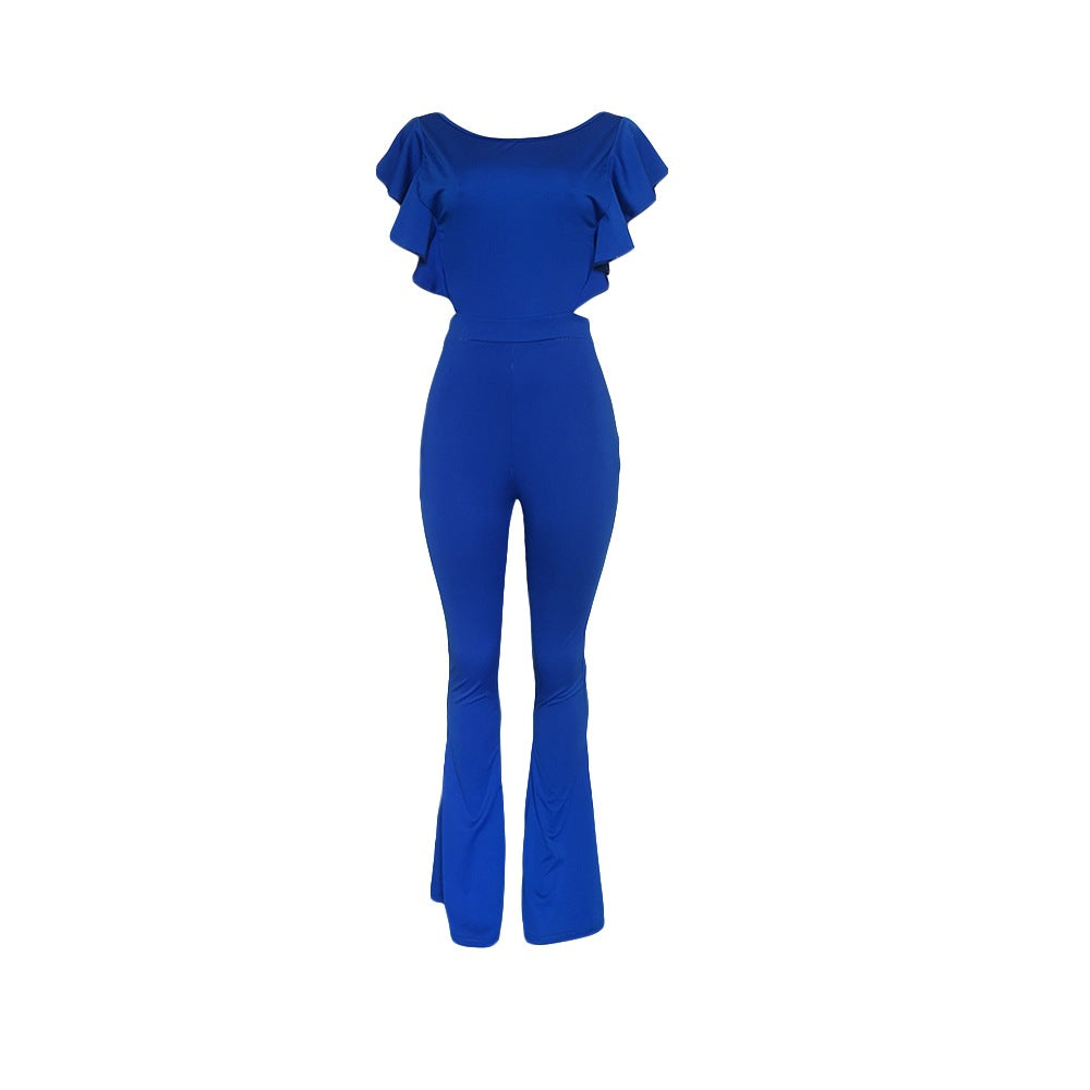 Women Clothing Sexy Women Clothing Flying Sleeves Solid Color Wide Leg Flared Jumpsuit