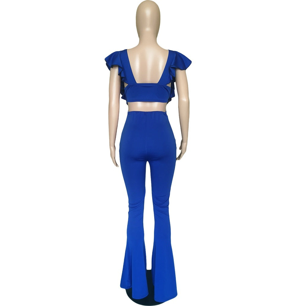 Women Clothing Sexy Women Clothing Flying Sleeves Solid Color Wide Leg Flared Jumpsuit