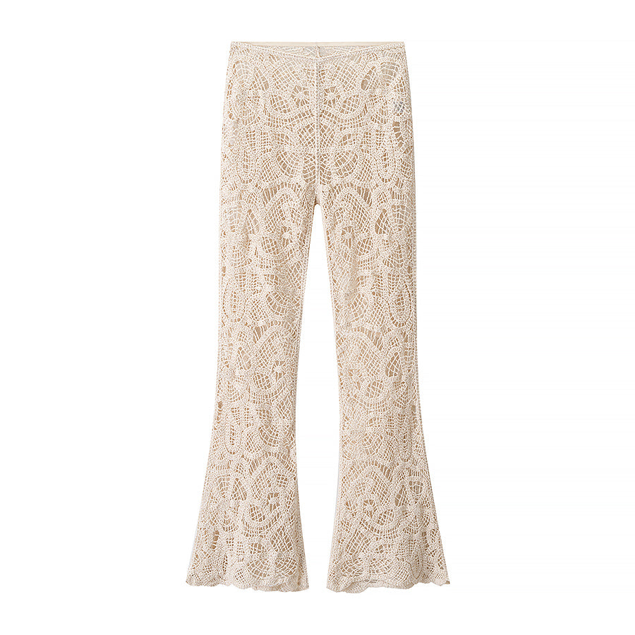High Waisted Pants Women Lightly Mature Sexy Lace Jacquard See through Stitching Casual Trousers