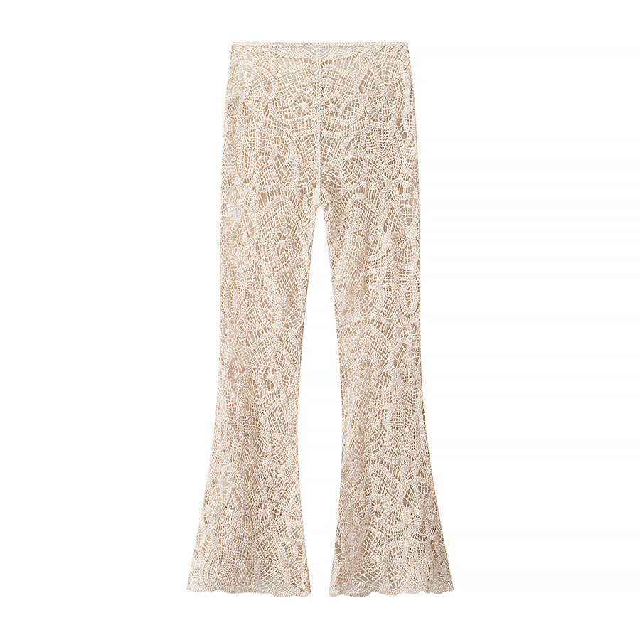 High Waisted Pants Women Lightly Mature Sexy Lace Jacquard See through Stitching Casual Trousers
