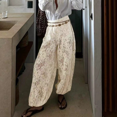 Spring Minimalist All Match Lace Elastic Waist Loose Trousers