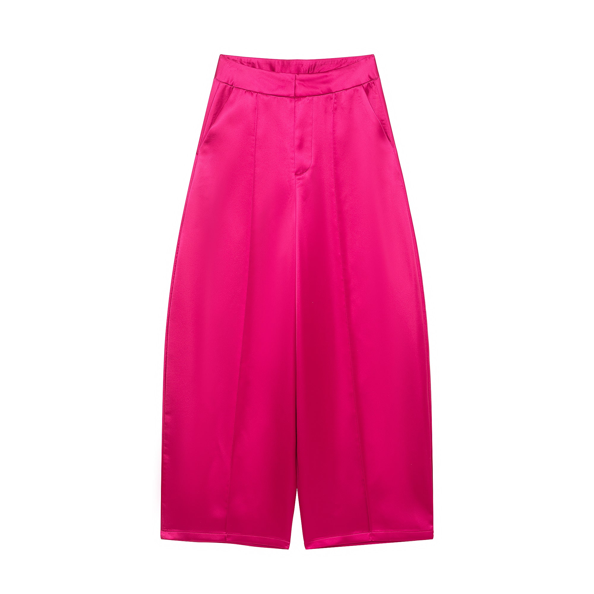 Satin Glossy Streamer High Waist Solid Color Pocket All Matching Loose Casual Wide Leg Pants