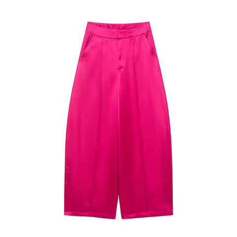 Satin Glossy Streamer High Waist Solid Color Pocket All Matching Loose Casual Wide Leg Pants