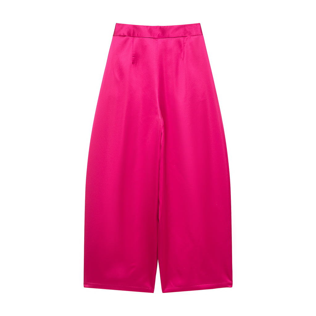 Satin Glossy Streamer High Waist Solid Color Pocket All Matching Loose Casual Wide Leg Pants