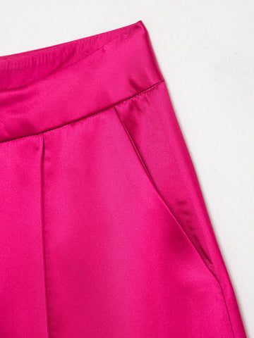 Satin Glossy Streamer High Waist Solid Color Pocket All Matching Loose Casual Wide Leg Pants
