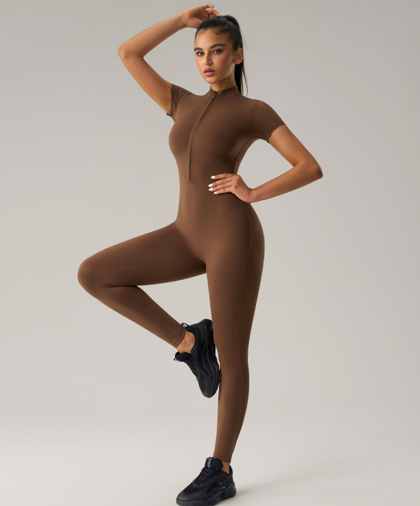 Nude Feel Zipper Short Sleeve Yoga Jumpsuit Hip Raise Slimming Sports Tight One Piece Fitness Pants